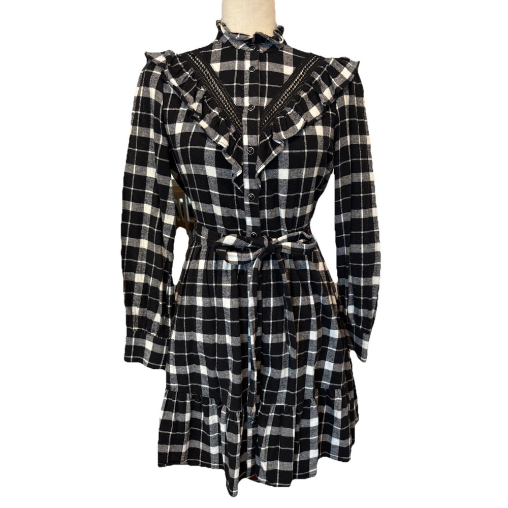 Kate‎ Spade Rustic Plaid Flannel Dress Black White Women's XS